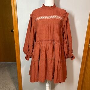 Pilcro Anthropologie long sleeve mock neck swing mini dress orange boho size unk